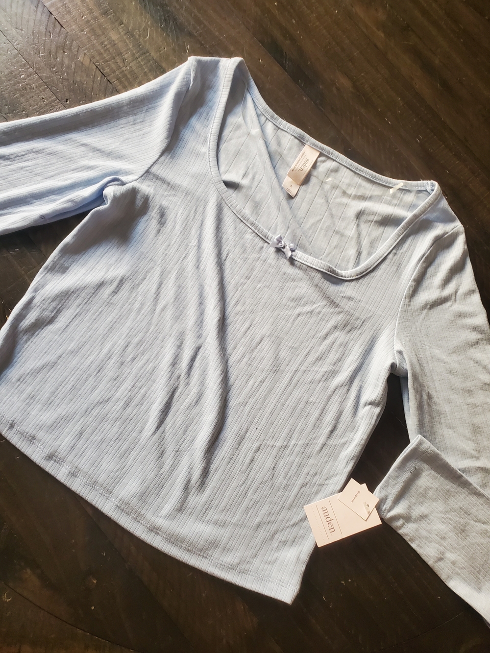 Auden Light Blue Ribbed Scoop Neck Long Sleeve Top with Bow